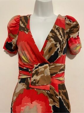 Red Floral Wrap Dress with Puff Sleeves